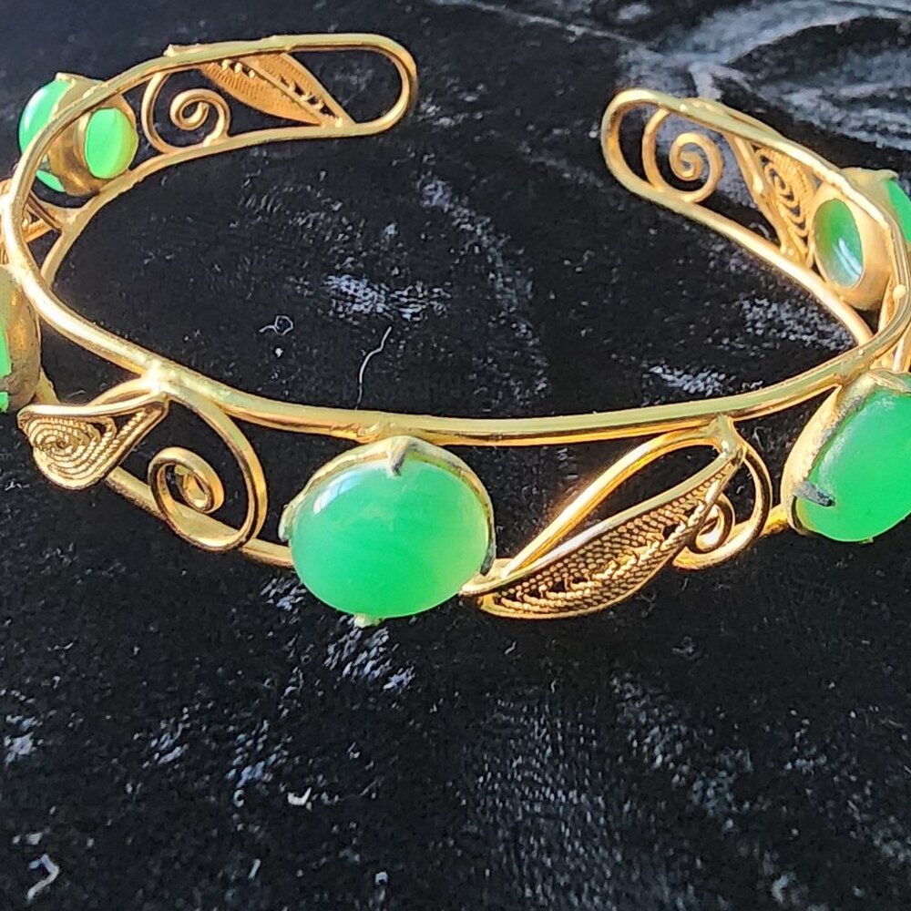 Vintage Green Cabochon Cuff Bracelet-Simulated Stone Gold-tone Costume Jewelry